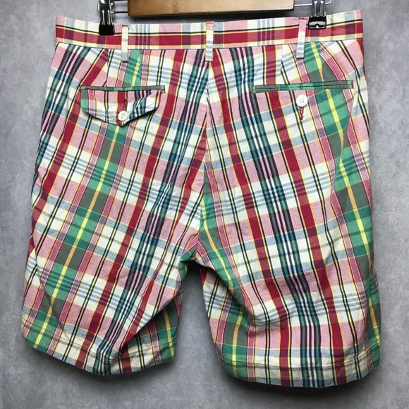 Polo Mens Plaid‎ India Madras Shorts sz 32 Red Green Classic Fit Cotton Quilted - Picture 2 of 9